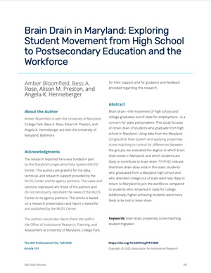 apf-151-2020-fall_brain-drain-in-maryland Brain Drain in Maryland: Exploring Student Movement from High School to Postsecondary Education and the Workforce