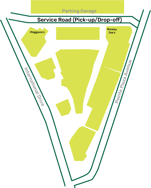 Pick-up and drop-off at the service road in front of the parking garage