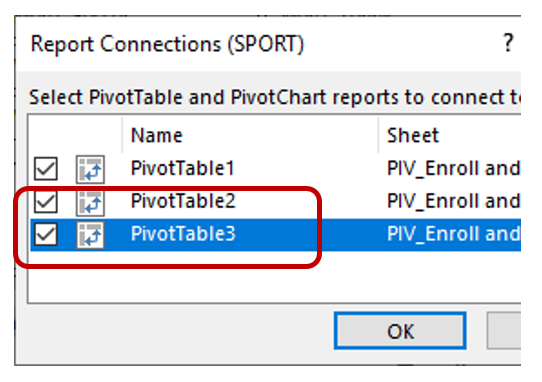Connecting additional pivot tables to slicer
