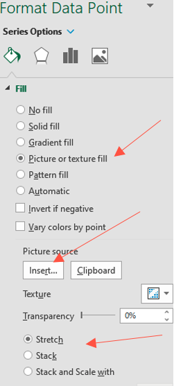 Select Fill option "Picture or texture fill"; Select appropriate Picture source; Select "Stretch"
