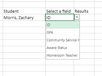 Image of an excel sheet with ID field dropdown options displayed