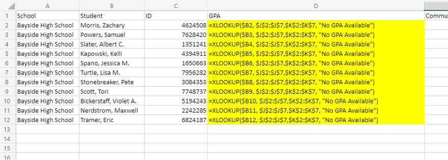 Image of an Excel sheet displaying the output when the formula is applied