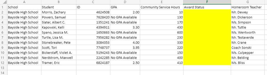 Image of an Excel sheet with Award Status column blank and highlighted for a list of students