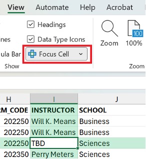 When Focus Cell is enabled, any selected cell is white and its row and column are highlighted in a color to enable easier location.