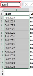 In the example screenshot, cells A2:A15 are selected and the name “Term” has been added.