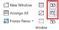 The View Side by Side icon looks like two sheets of paper next to each other, and is found in the Window options. The Synchronous Scrolling icon is located beneath it, and shows overlapping pieces of paper with an up-and-down arrow next to them.