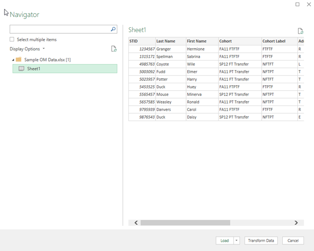 Figure 2 - The Navigator Screen before Working in Power Query