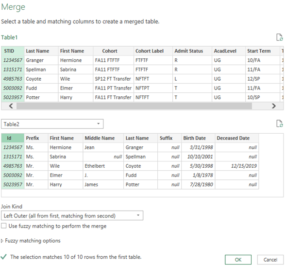 Figure 6. The Merging Tables Window