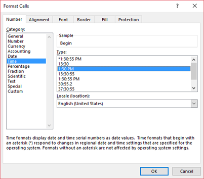  Format the “Begin” and “End” columns by time