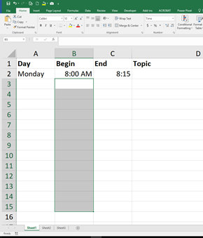 Selection of cells by time example