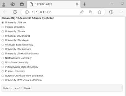 Figure 3: Web application for selecting and displaying the name of a Big 10 institution